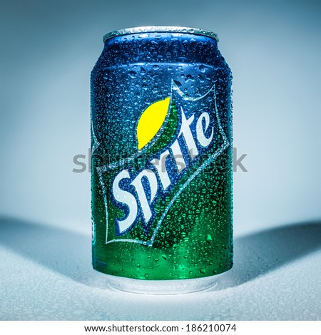 MOSCOW, RUSSIA-APRIL 4, 2014: Can of Coca Cola company soft drink Sprite. It was introduced in the United States in 1961. This was Coke\'s response to the popularity of 7 Up.