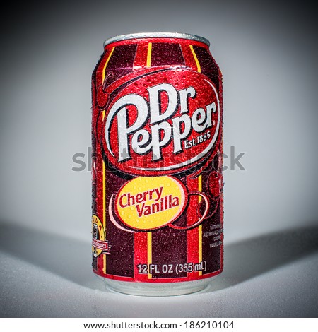 MOSCOW, RUSSIA-APRIL 4, 2014: Can of Dr Pepper Cherry Vanilla soft drink. Dr Pepper is a soft drink marketed as having a unique flavor. The drink was created in the 1880s.