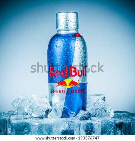 MOSCOW, RUSSIA-APRIL 4, 2014: Bottle of Red Bull Energy Drink. In terms of market share, Red Bull is the most popular energy drink in the world, with 5.387 billion cans sold in 2013.
