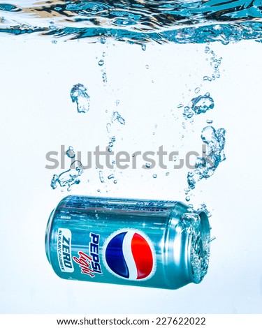 MOSCOW, RUSSIA-APRIL 4, 2014: Can of Pepsi cola Lignt in water.Pepsi is a carbonated soft drink that is produced and manufactured by PepsiCo. Created and developed in 1893.