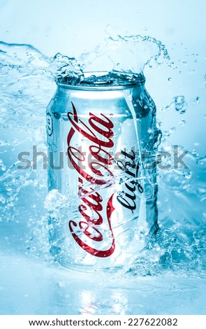MOSCOW, RUSSIA-APRIL 4, 2014: Can of Coca-Cola Lignt in water. Coca-Cola is a carbonated soft drink sold in stores, restaurants, and vending machines throughout the world.