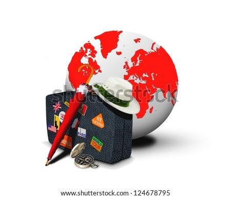 Leather suitcase and red globe with compass. Elements of this image furnished by NASA