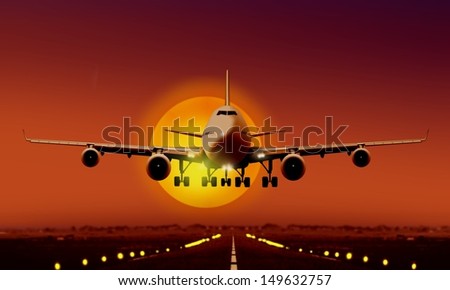 Airplane Landing during sunset