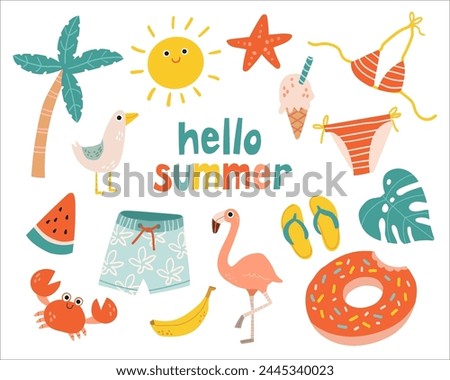 Set cute summer holiday beach elements. Hello summer lettering. Cartoon vector illustration isolated on white background.