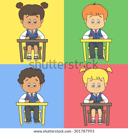 Set Of Cartoon Cute Boys And Girls In School Uniform At School ...