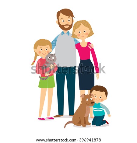 Happy Family Of Four And Two Pets, Posing Together. Cartoon Vector Hand ...