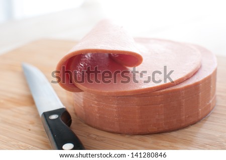 Bologna sausage thin sliced cut with knife