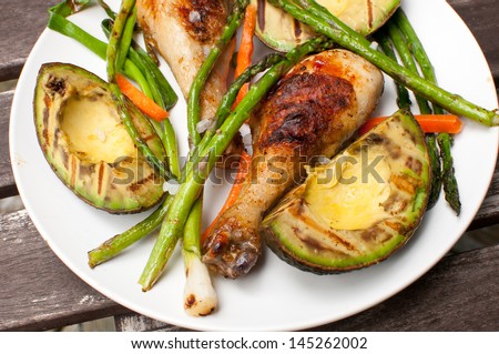BBQ chicken, green onion, asparagus and avocado grilled