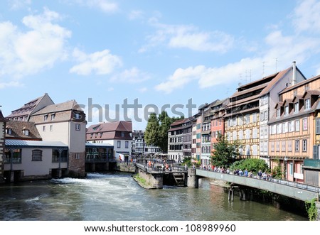 Panoramic view of Petit France district in Strasbourg, no visible faces and logos