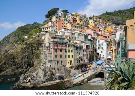 Panoramic view of Riomaggiore village area in Cinque Terre, Italy and no faces and logos recognizable