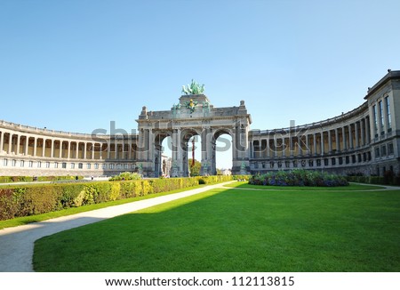 Cinquantennaire Park in Brussels with The Triumphal Arch - one of the architectural symbols of Brussels in clear day