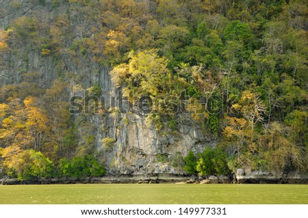 Limestone island with tropical forest above sea in Thailand
