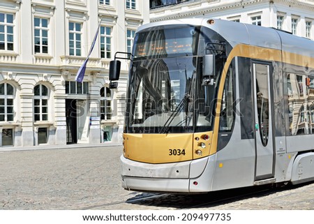 BRUSSELS, BELGIUM-AUGUST 05, 2014: Brussels tram in center of the city. Tram system of Brussels has 19 lines, and the first horse powered line started in 1869