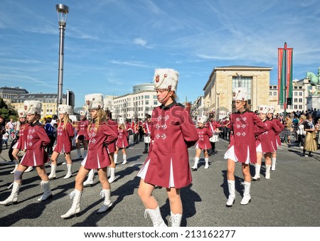 BRUSSELS, BELGIUM-SEPTEMBER 8, 2012: Royale Fanfare Communale de Huissignies at Balloons Day Parade arrived at Place de l'Albertine