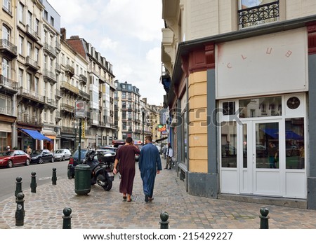 BRUSSELS, BELGIUM-AUGUST 29, 2014: Popular area in Brussels near Molenbeek with many small shops and cafes