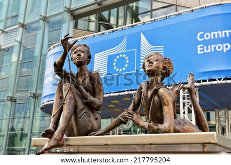 BRUSSELS, BELGIUM-SEPTEMBER 16, 2014: Modern office of European Commission institution decorated with a sculpture group