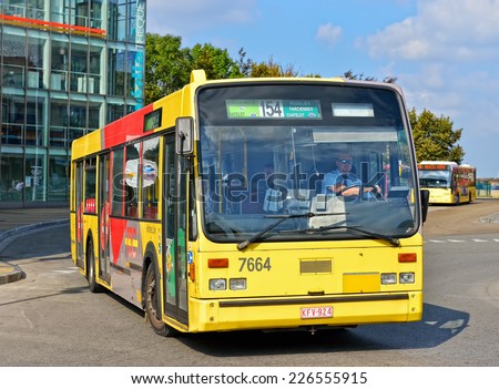 CHARLEROI, BELGIUM-OCTOBER 03, 2014: Bus leaving the station near Palais des Beaux-Arts in center of the city. The bus operating company TEC is a public service founded in 1991