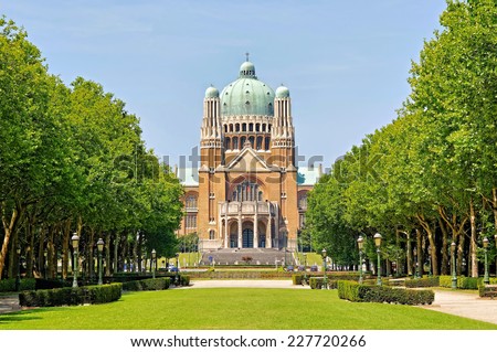 Koekelberg basilica one of architectural symbols of Brussels, Belgium, view from park Elisabeth