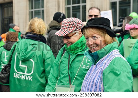 BRUSSELS, BELGIUM-MARCH 06, 2015: Trade Unions protests against politics of Delhaize supermarket chain which fired many employees