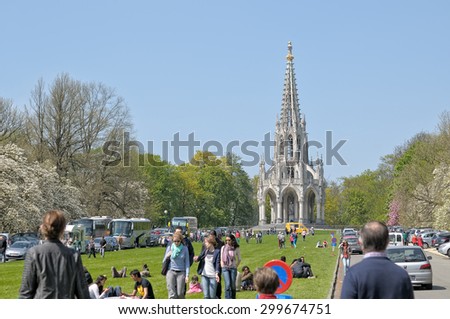 BRUSSELS, BELGIUM-MAY 01, 2013: People visit the neogothic Monument of Leopold I in Laken, in Brussels