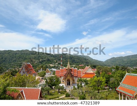 Landscape with Buddhist temples in Phuket island in Thailand