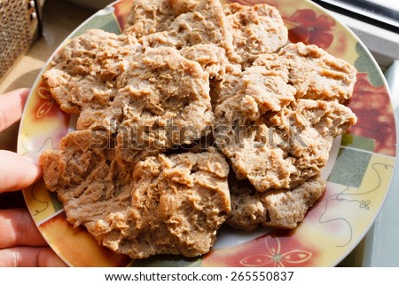 Raw  soy meat vegan and vegetarian chop cotlet on colorful plate