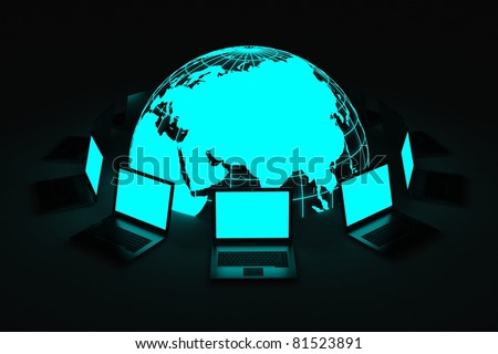 laptops around a world connected on internet grid