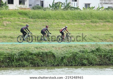 SAMUTPRAKAN- THAILAND -September 21- group of bikers are riding bikes in bicycle lanes near Suvarnabhumi Airport of Samut Prakan Province on September 21 ,2014 in  Thailand