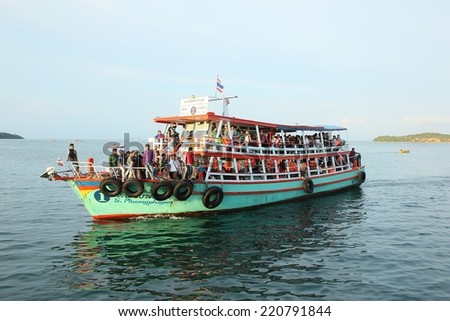 Koh Larn , Pattaya -September27 ; Tourists are taking a rest on Ferry boat on September 27, 2014 in Koh Larn Island .The  Ferry boat  will be served every day from morning to evening in Thailand.