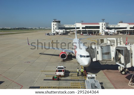BANGKOK, THAILAND - JUNE 30 : Thai Lion Air Plane landed at Don Mueang International Airport on June 30, 2015 in Bangkok, Thailand. It is the low cost airline in Thailand.
