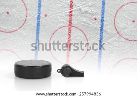 Referee whistle, washer and layout hockey rink. Concept, hockey