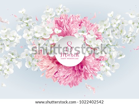 Chrysanthemums and Apple blossom for 8 March. Flower vector greeting card in watercolor style with lettering design