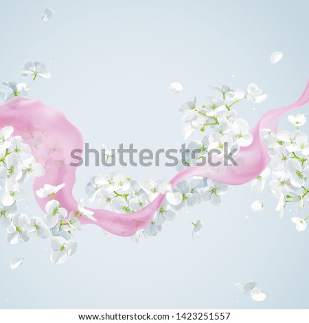 Summer wind - luxurious white vector Hydrangea flower and Apple blossom with flying petals and pink ribbon in watercolor style for 8 March, wedding, Valentine's Day,  Mother's Day, seasonal sales
