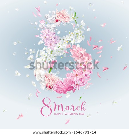 Hyacinth flower, Apple blossom, Chrysanthemum, Dahlia, Peony in the form of numeral 8 with flying petals on the wind. Floral vector greeting card for 8 March in watercolor style with lettering design