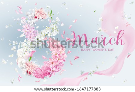Hyacinth flower, Apple blossom, Chrysanthemum, Peony in the form of numeral  8 with flying petals and silk ribbon. Floral vector greeting card for 8 March in watercolor style with lettering design