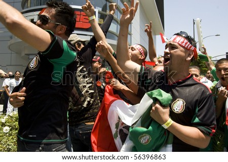 LOS ANGELES, CALIFORNIA-JUNE 17: Mexican fans celebrate World Cup win over France June 17, 2010 in Los Angeles, California.