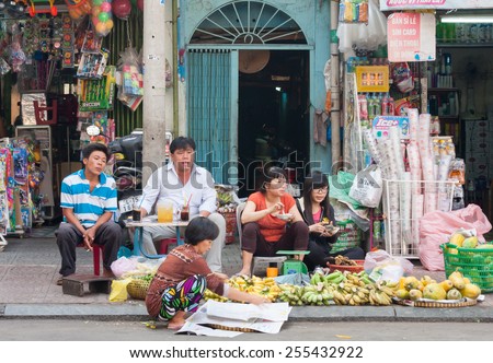 Ho Chi Minh City-Nov 1st 2013: Street vendors waiting for customers. Vendors can be found all over the city.