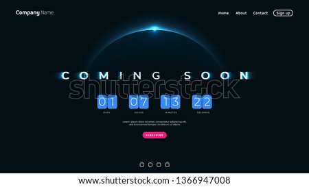 Coming Soon text on abstract Sunrise Dark Background with Flip countdown clock counter timer. Design Concept for sale, web, promotion announce, template design, under constuction page.