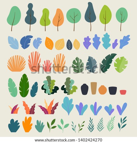 Vector set of flat illustrations of plants, trees, leaves, branches, bushes and pots. Flat cartoon vector illustration