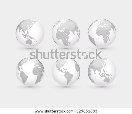 Set of vector abstract dotted globes. Six globes, including a view of the Americas, Asia, Australia, Africa, Europe and the Atlantic
