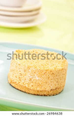 food serie: sweet fancy cake on blue plate