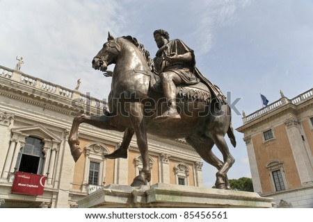 Equestrian Statue Marcus Aurelius on piazza del Campidoglio in Rome. The statue is the subject of the 0.50 Italian euro coin.