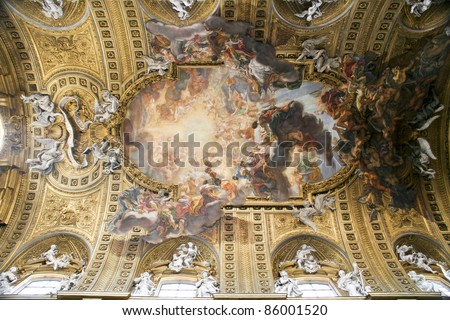 Rome, Italy. Famous painting in the ceiling of Gesu Church (Chiesa del Gesu) - Triumph of the Name of Jesus, by Giovanni Battista Gaulli