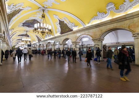 MOSCOW -October 14 2014:  metro station Komsomolskaya  in Moscow, Russia. Metro station Komsomolskaya is a great monument of the Soviet era.