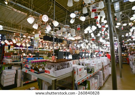 Moscow, Russia - March 5, 2015: Chandeliers in chain stores OBI. German retail chain stores of construction and household goods belonging to the company OBI GmbH and Co.