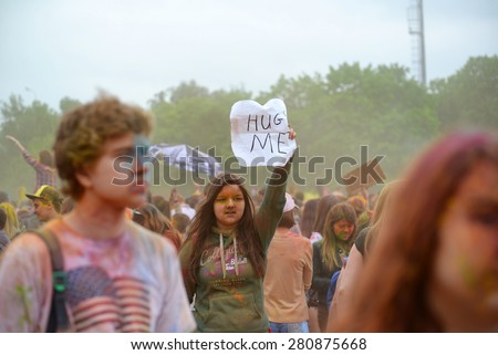 MOSCOW, RUSSIA - MAY 23, 2015: Festival of colors Holi in  Luzhniki Stadium. Roots of this fest are in India, where it called Holi Fest. Now russian people celebrate it too.