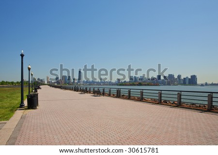 Walkway at Liberty State Park, with Jersey City, Ellis Island, and Manhattan in the background