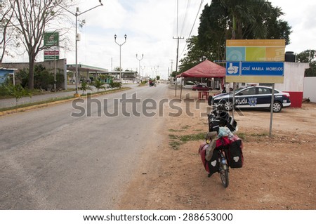 JOSE MARIA MORELOS,MEXICO JANUARY 01:police check point at the entrance of the village in Jose Maria Morelos on January 01,2015.This check points are very offen on Mexico just to show police presence
