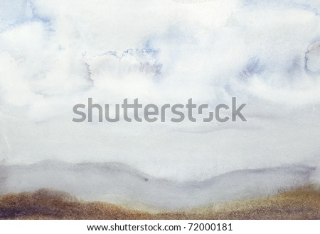  watercolor landscape. Field under a cloudy sky