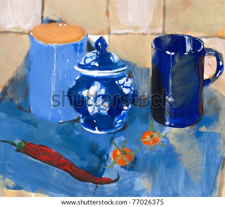 Painting. Still life with blue cups and pepper on a blue napkin